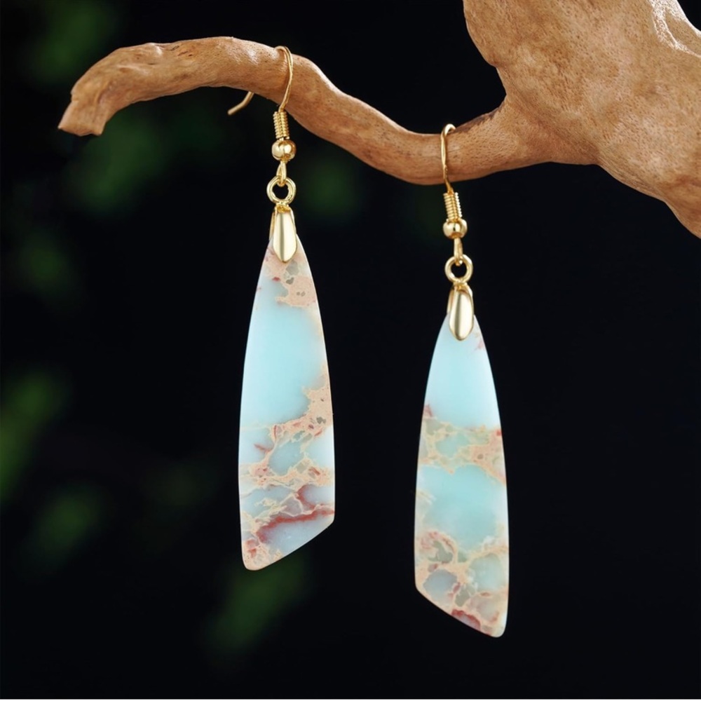 18k Gold-Finish Light  Blue Marbled Jasper Drop Earrings - Women Jewelry 2”